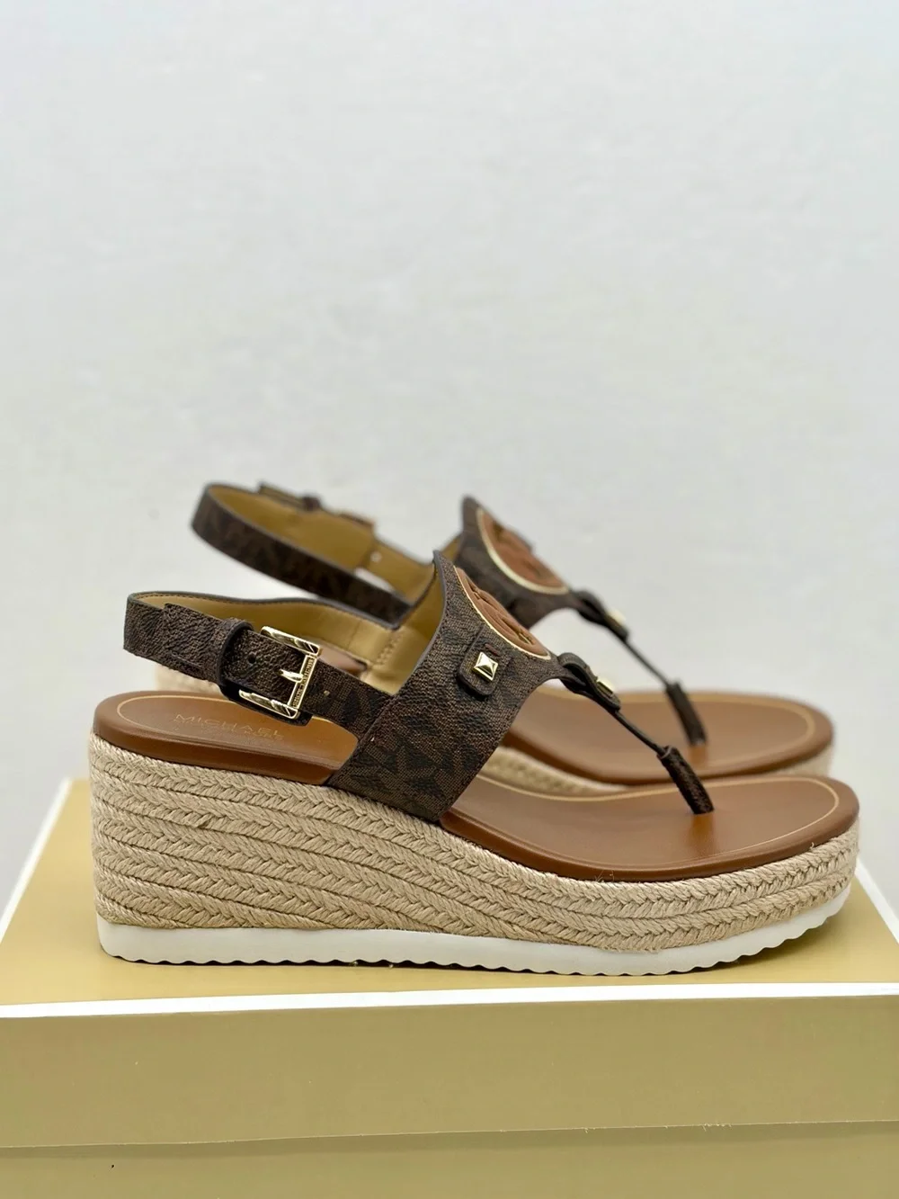 Michael Kors Aubrey Cutout Signature Logo Wedge Sandal Brown 7